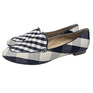 Talbots 7 Navy Blue Gingham Loafer Sole Flat Leather Preppy Coastal Career